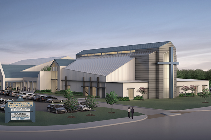 Exterior view of Good Hope Baptist Church new 15000 square foot sanctuary designed to seat over 800 worshippers by A Beazley Architecture in Lafayette Louisiana