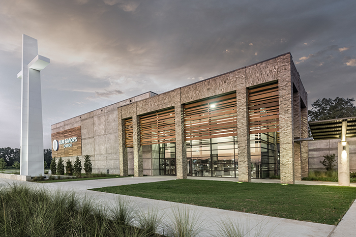 Front entry exterior of Our Saviours Church Opelousas campus featuring modern worship facility design by A Beazley Architecture in Opelousas Louisiana
