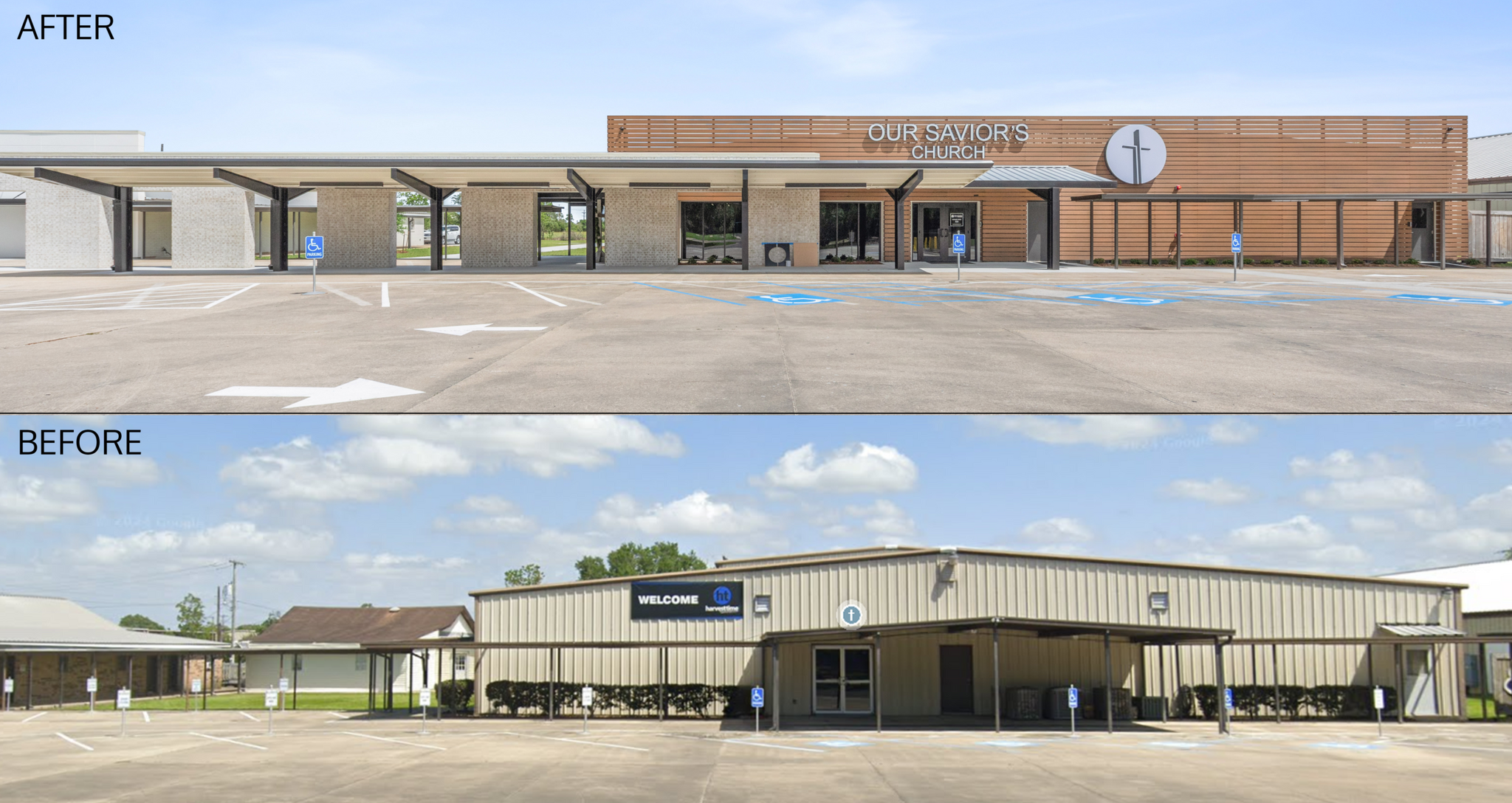 Before and after comparison of the front exterior renovation at Our Saviour's Church Abbeville campus showing the transformation from metal building to modern church facade by A Beazley Architecture