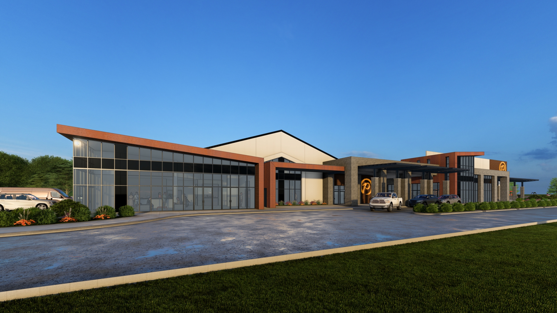 Side view exterior rendering of Pathway Church Lafayette campus with butterfly cortin roof, expansive glass walls, prominent "P" branding, and parking area by Lafayette architect Adam Beazley